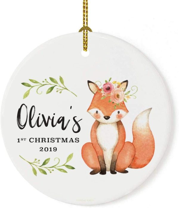 Personalized Round Porcelain Christmas Ornament, Watercolor Woodland Fox Laurels Florals, Custom Name and Year For Cheap - Image 2