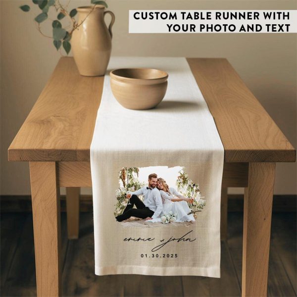 Custom Table Runner with Photo Text – Linen, Full Color for Wedding, Birthday, Baby Shower Bulk Pack For Sale - Image 4