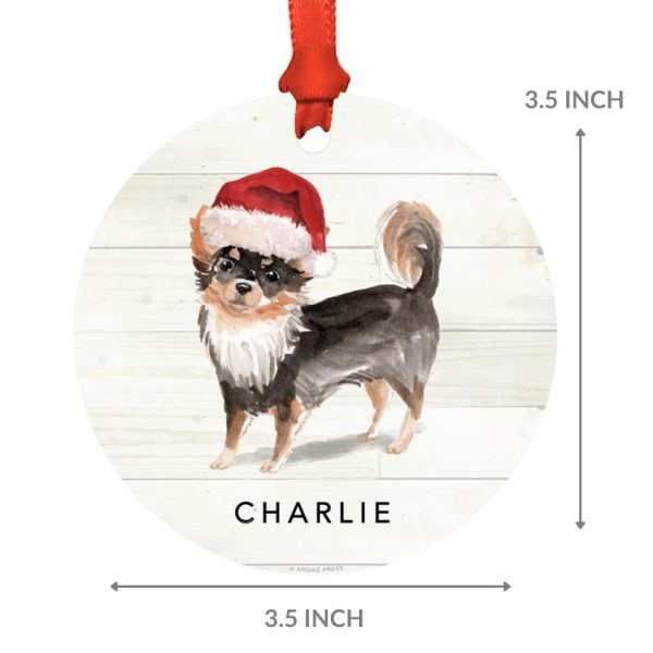 Custom Metal Christmas Ornament, Long Haired Chihuahua with Santa Hat, Custom Name on Sale - Image 3
