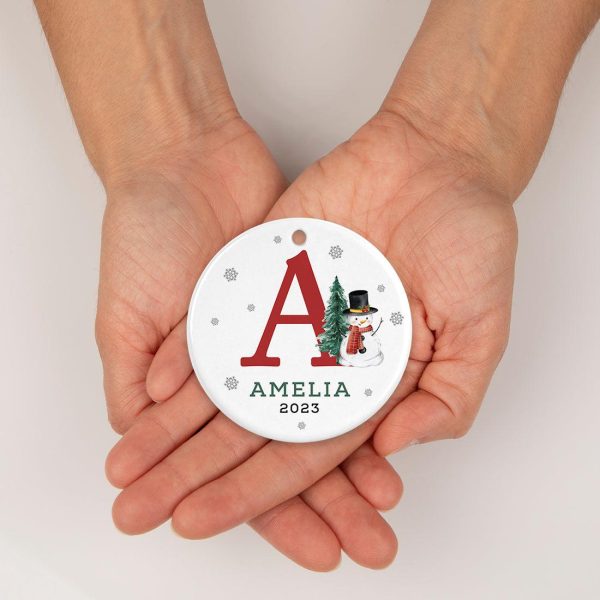 Custom Snowman Round Porcelain Christmas Ornament, Monogram Letter with Custom Name, Set of 1 Cheap - Image 4