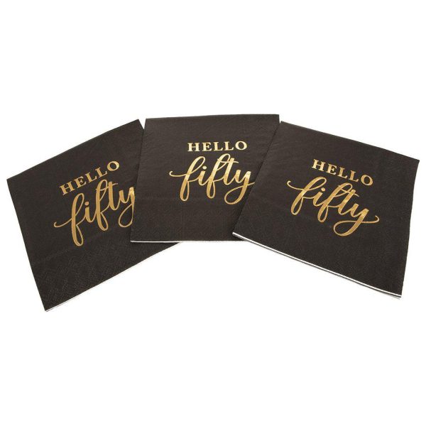 Black with Real Gold Foil Scripted Hello Fifty Cocktail Napkins For Cheap - Image 3