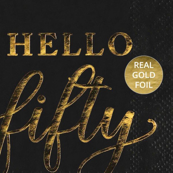 Black with Real Gold Foil Scripted Hello Fifty Cocktail Napkins For Cheap - Image 4